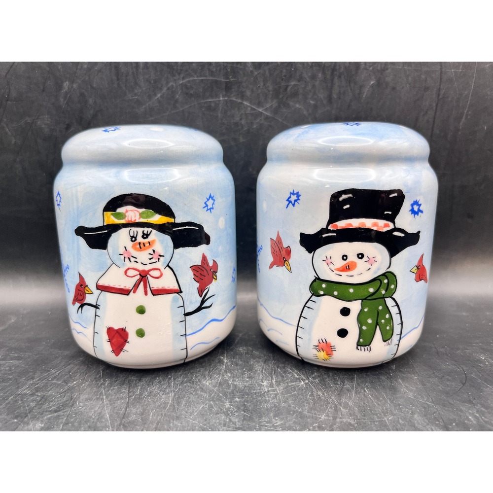 Blue‎ Mr & Mrs Snowman Salt & Pepper Shakers 3.5" Tall Christmas Bird Snowflake